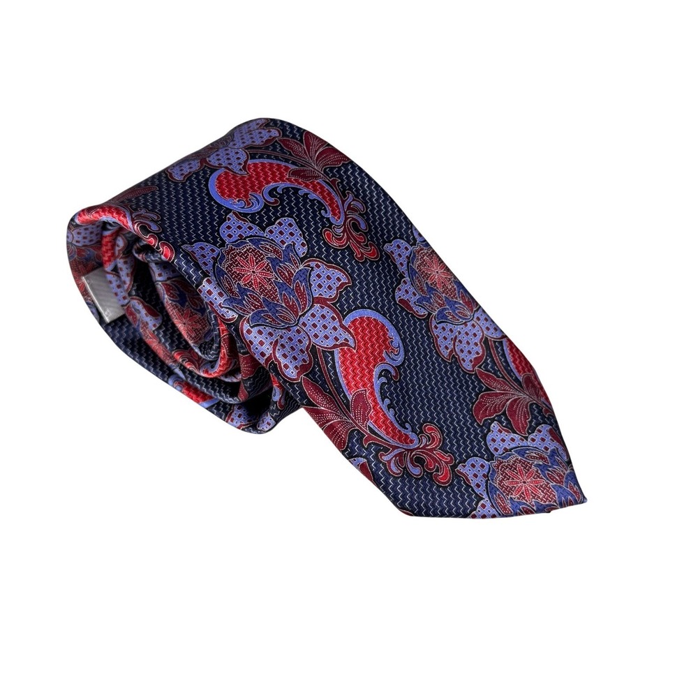 Zanetti Italy Silk Tie Navy Blue Red Lavender Floral Paisley Woven Jacquard Mens
